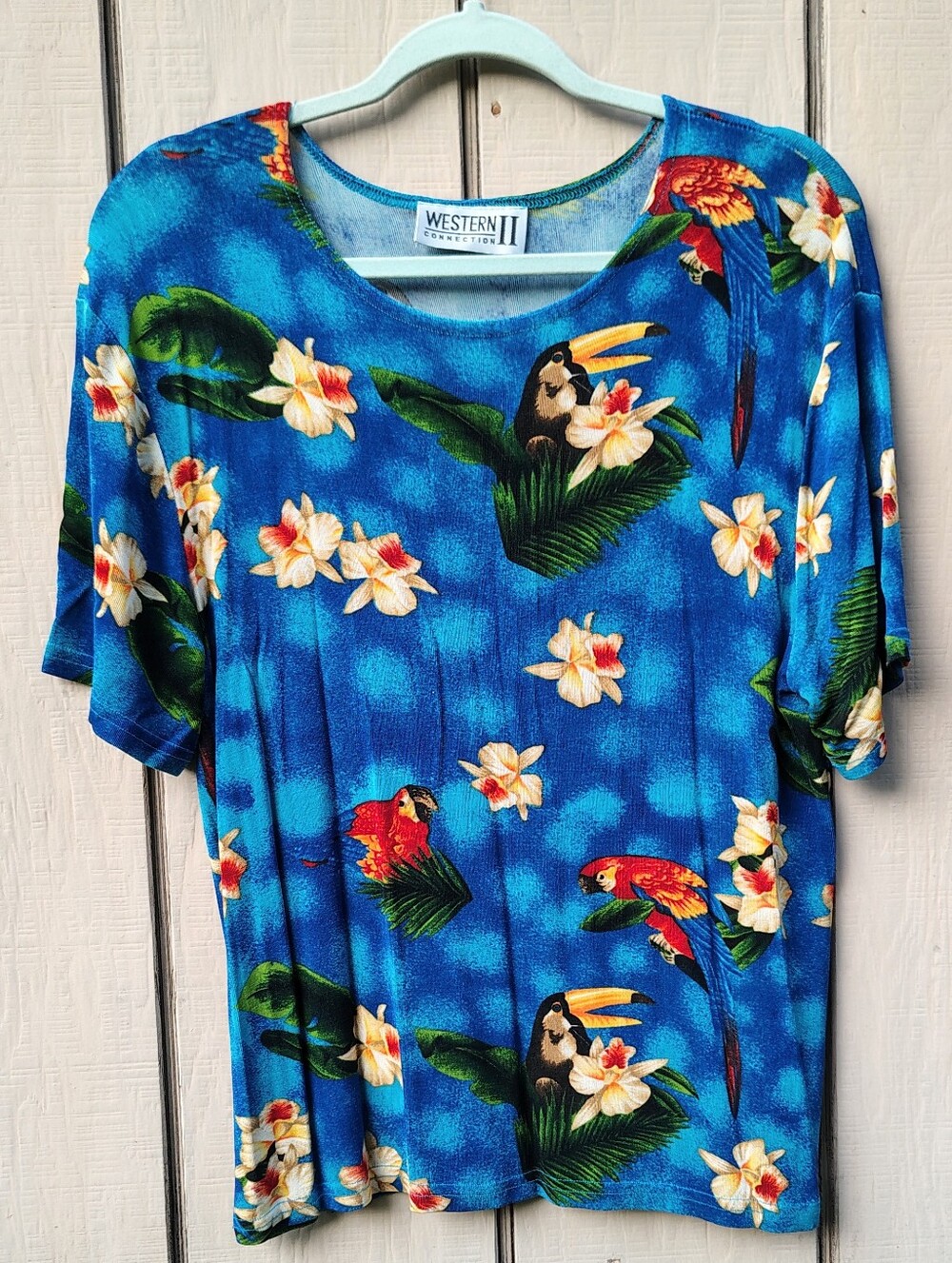 Western Connection II Vtg Tropical Top Bird Floral Blue Short Sleeve Stretch